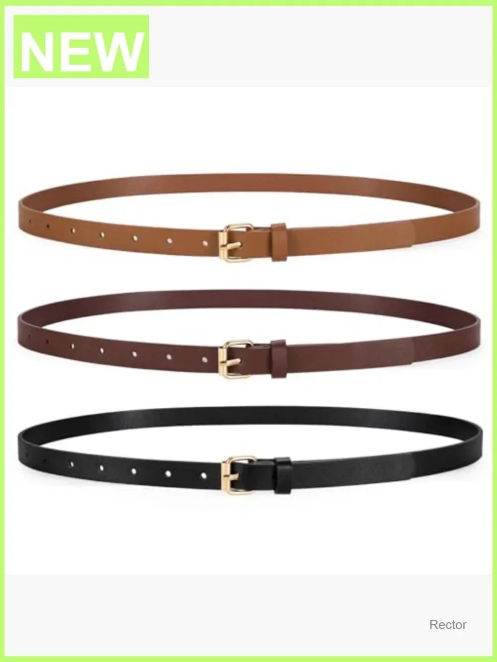 3 Pack Skinny Leather Belts for Women - Gold Buckle, 0.7